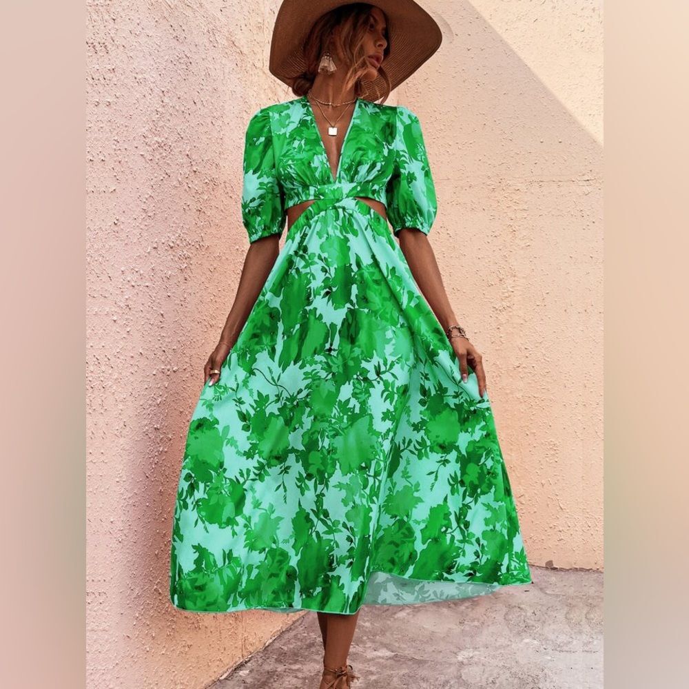 SHEIN Green Floral Print Cut Out Puff Sleeve Dress Size XL NWOT 10 367